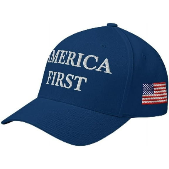 America First Hat - Embroidered Structured Flex Fit Cap - Patriotic USA Flag Royal Blue Hat