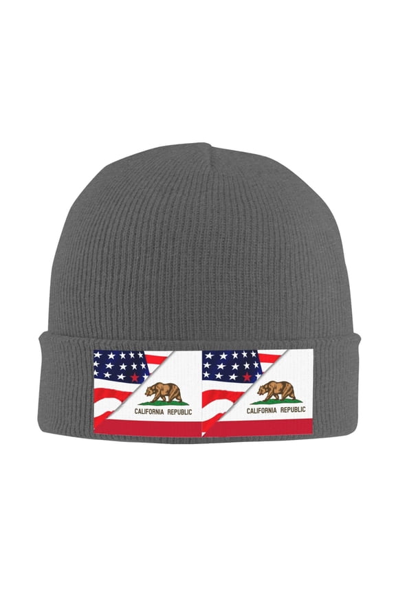 America Flag And California Flag Beanie Hat Men Women Warm Printed Cap Knit Beanies Hats Outdoor Winter Deep Heather