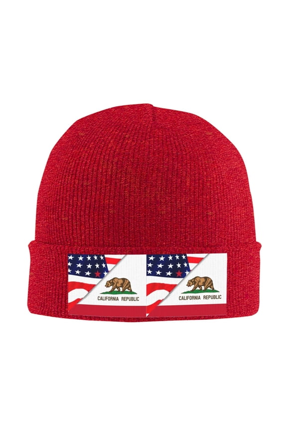 America Flag And California Flag Beanie Hat Men Women Warm Printed Cap Knit Beanies Hats Outdoor Winter Red