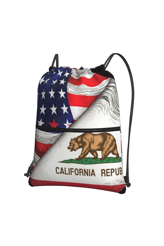America Flag And California Flag Drawstring Backpack Water Resistant String Bag Sports Sackpack Gym Sack For Men Women