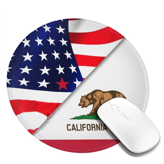 America Flag And California Flag Round MousePad with Stitched Edge Non-Slip Rubber Base Mouse Mat for Office & Home (7.9 x 7.9)