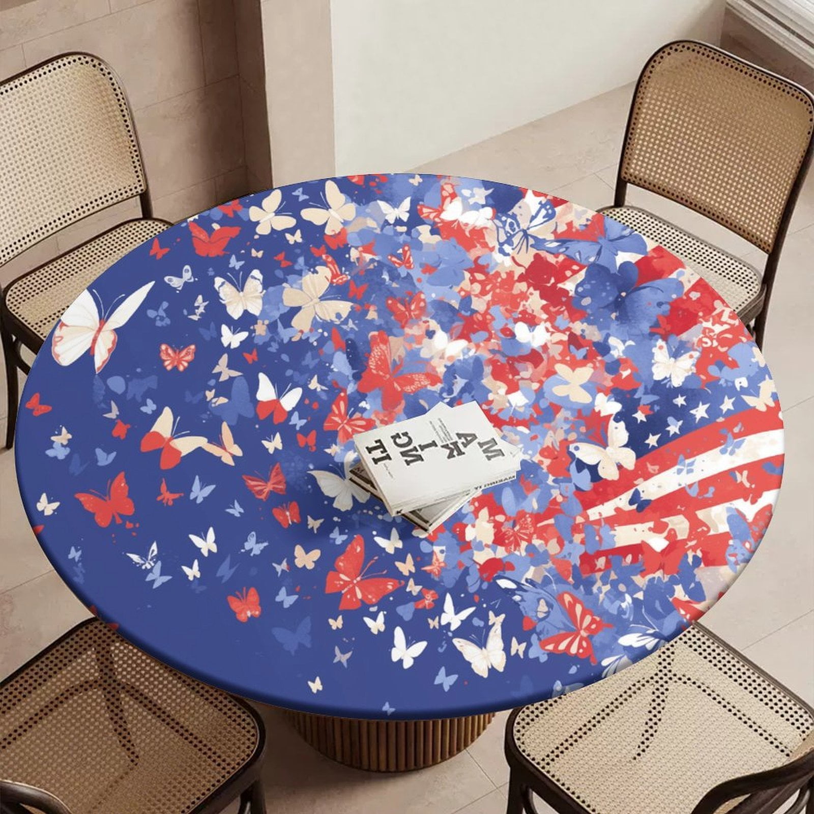 America Flag Butterfly Round Table Cover Kitchen Printed Waterproof ...