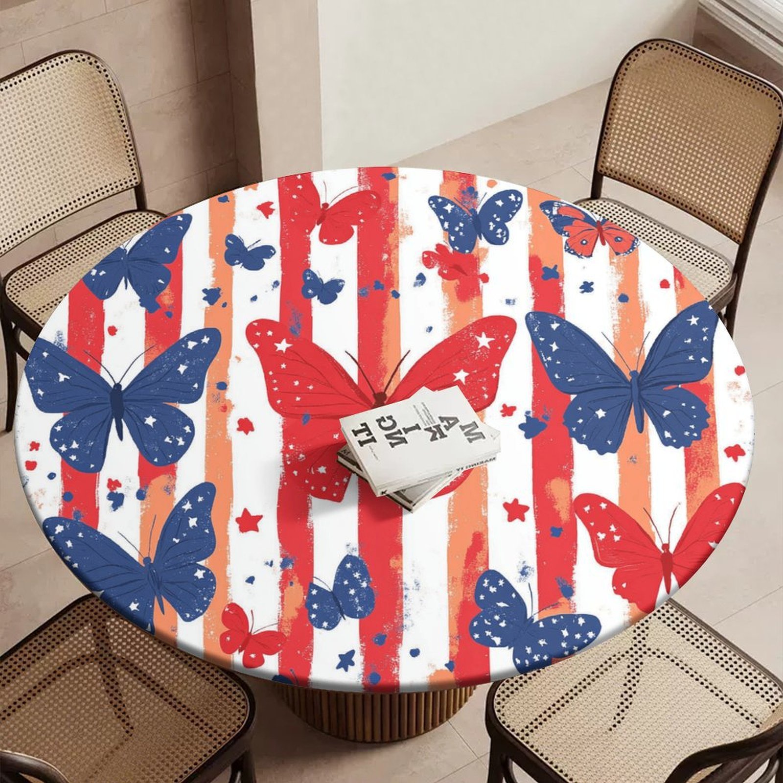 America Flag Butterfly Round Table Cover Kitchen Printed Waterproof ...