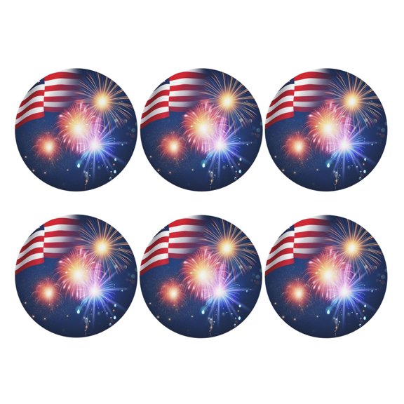 America Flag Colored Fireworks Leather Coasters for Drinks Perfect for Living Room, Kitchen, or Outdoor Use Set of 6 Round Shape