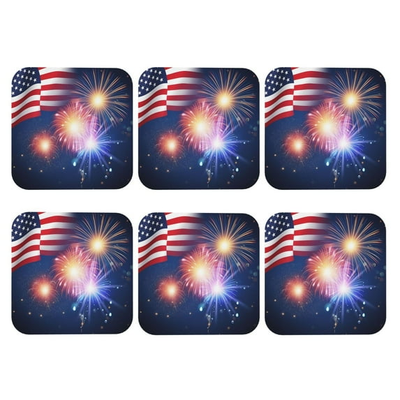 America Flag Colored Fireworks Leather Coasters for Drinks Perfect for Living Room, Kitchen, or Outdoor Use Set of 6 Square