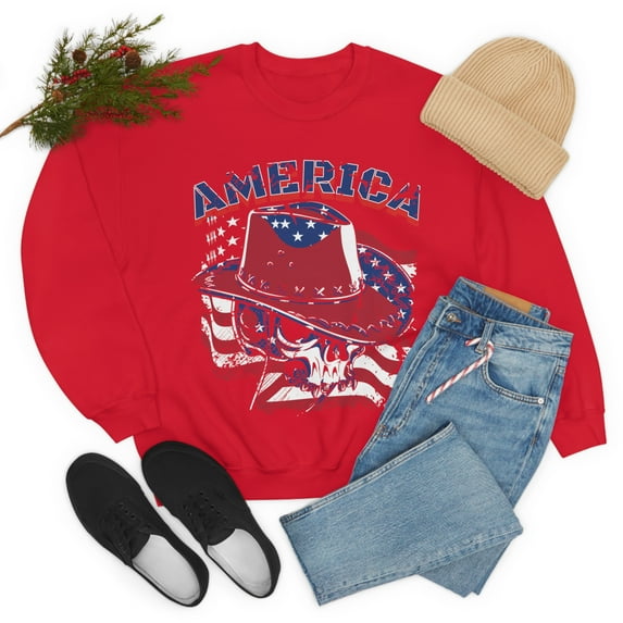 America Flag Cowboy Skull Unisex Heavy Blend™ Crewneck Sweatshirt