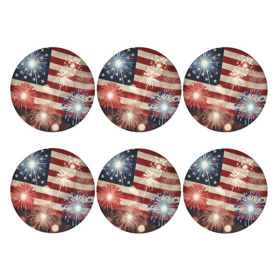 America Flag Firework Set of 6 Faux Leather 4 Inch Coasters Drinks Tabletop Home Dinning Round Shape