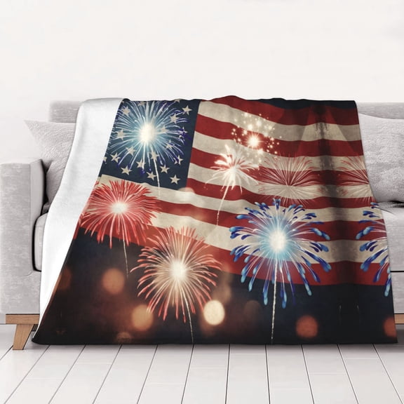 America Flag Firework Throws Blanket Fleece Soft Cozy Warm Plush for Travel Chair Bedroom Living Room Sofa 40"x30"