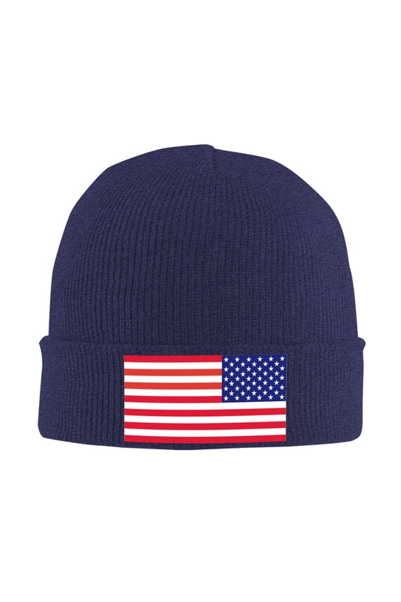 America Flag Patriotic Winter Beanie Hats for Men Women Warm Cozy Knitted Cuffed Skull Cap Navy Blue