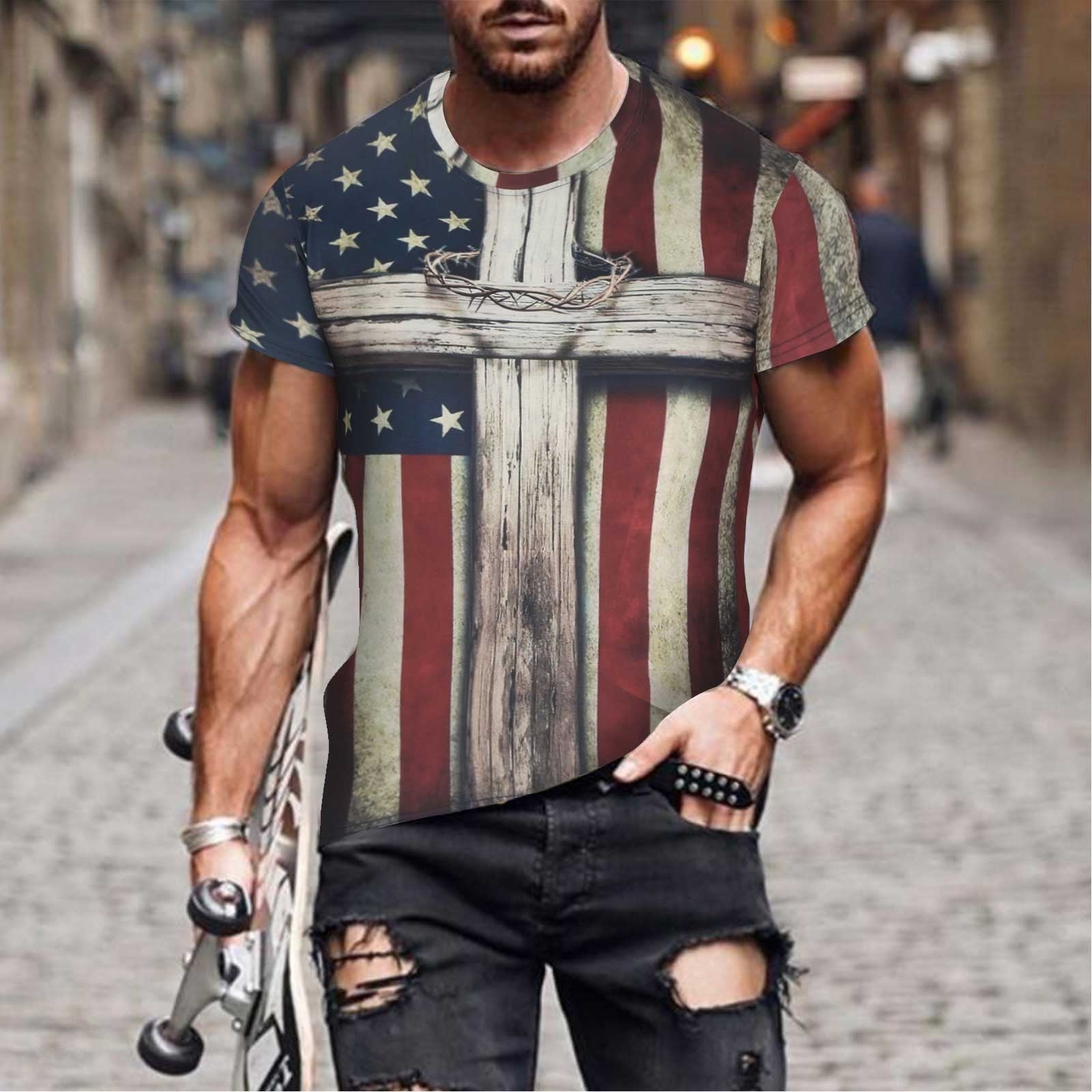 America Flag T-Shirts for Men, Short Sleeve Workout T-Shirts Cross