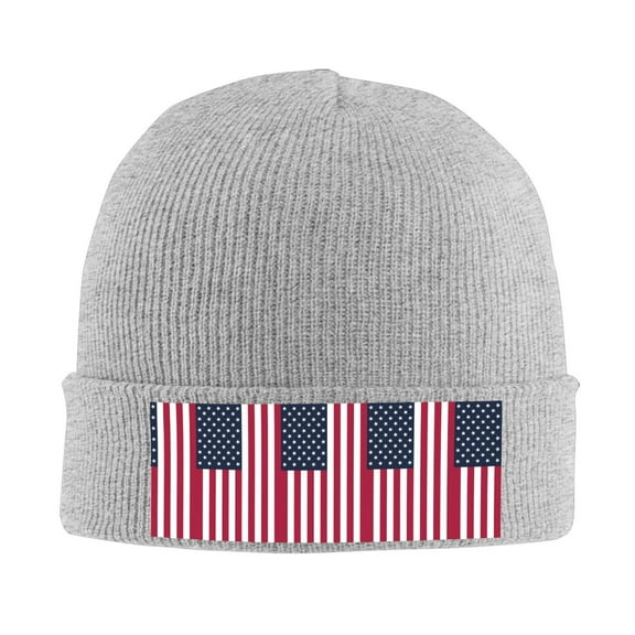 America Flag Winter Beanie Hats for Men Women Warm Cozy Knitted Cuffed Skull Cap Gray