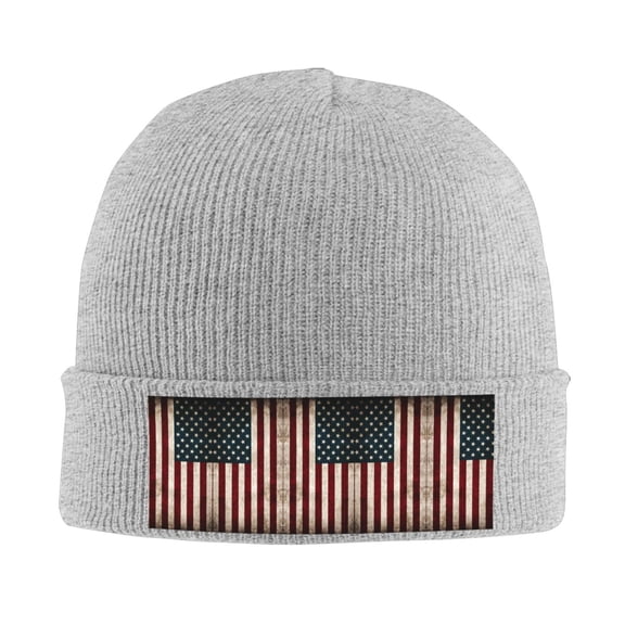 America Flag Winter Beanie Hats for Men Women Warm Cozy Knitted Cuffed Skull Cap Gray