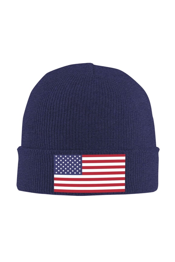 America Flag Winter Beanie Hats for Men Women Warm Cozy Knitted Cuffed Skull Cap Navy Blue