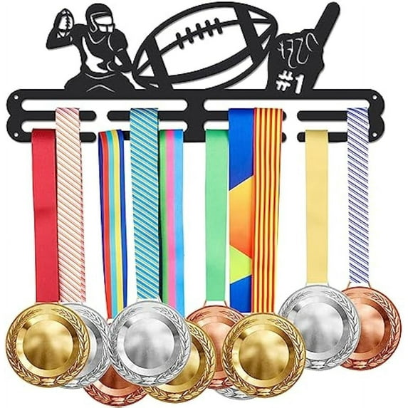 America Football Medal Hanger No.1 Shelf Awards Ribbon Holder Medal Hook Display Wall Rack Frame Display Rack for 40 Medals Athlete Gift