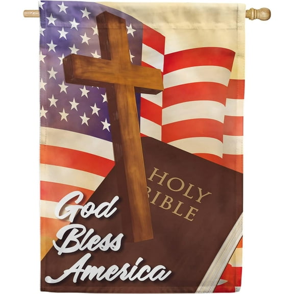 America Forever 4th of July God Bless America House Flag, Patriotic, USA Religious Holy Cross, 28 x 40 inch, Double Sided Americana Inspirational Seasonal Yard Outdoor Decorative Flag