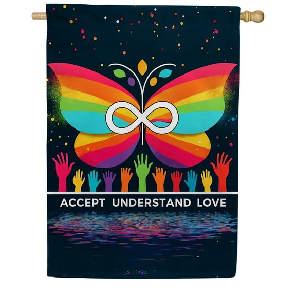 America Forever Accept Understand Love Butterfly Rainbow House Flag, 28x40 inch Double Sided, Progress Pride LGBTQ Acceptance Support Gay Lesbian Rainbow Flags Banner for Outdoor Home Decor