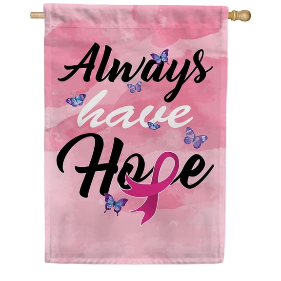 America Forever Always Have Hope House Flag, 28 x 40 inch Double Sided, Breast Cancer Awareness Flag, Pink Ribbon Flag, Butterfly Hope Design, Survivor Support Yard Decor