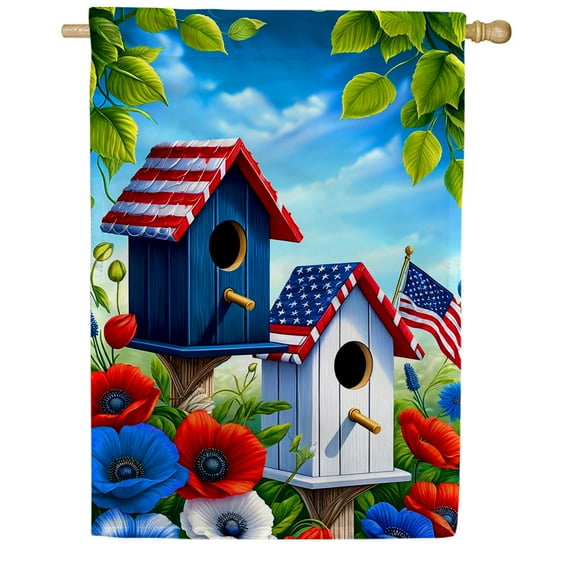 America Forever American Birdhouses Summer House Flag 28x40 inch Double Sided, 4th of July Birdhouse Flags, Patriotic Red White and Blue Memorial Day Spring Floral Bird House Yard Decoration