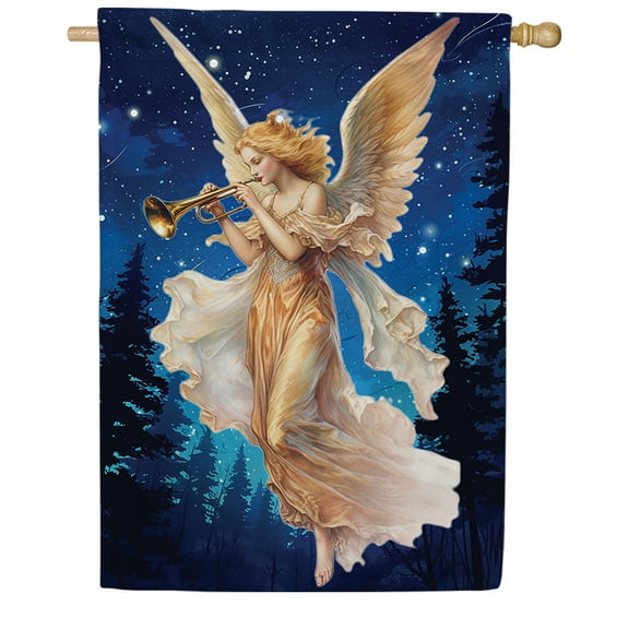 America Forever Angel Christmas House Flag, 28 x 40 inch Double Sided, Heavenly Music Banner, Trumpet Starry Night Outdoor Decor, Religious Holiday Outside Decorations Yard Flag