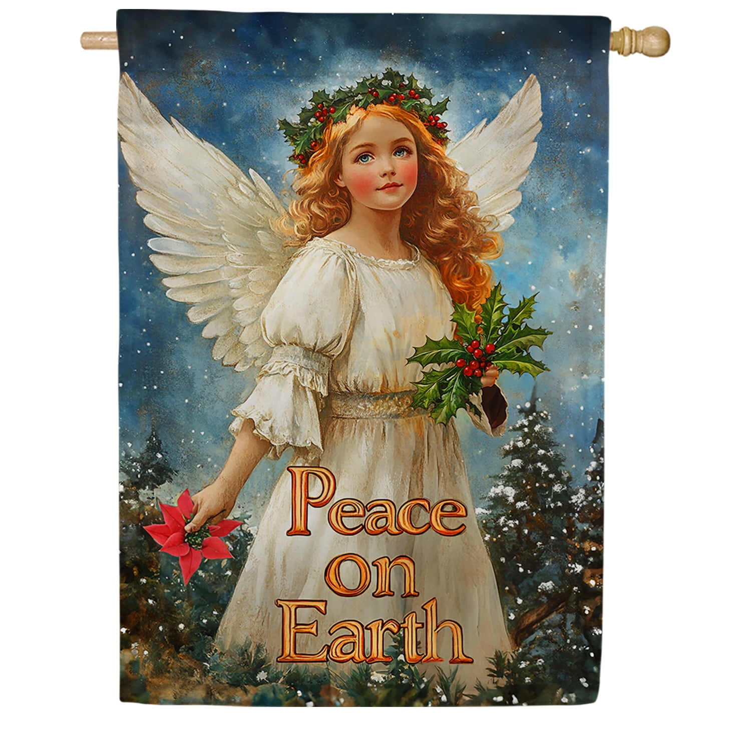 America Forever Angel Peace House Flag, 28 x 40 inch Double Sided, Christmas Religious Banner, Peace on Earth Holly Outdoor Decor, Spiritual Holiday Outside Decorations Yard Flag