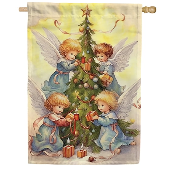 America Forever Angels Decorate Tree House Flag, 28 x 40 inch Double Sided, Christmas Angels Decorating Holiday Banner, Winter Religious Outdoor Decor, Seasonal Yard Decoration Large Banner