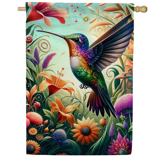 America Forever Artistic Hummingbird House Flag, 28 x 40 inch Double Sided, Fantasy Floral Paradise Bird Flag, Colorful Garden Art Decor, Spring Summer Yard Flag