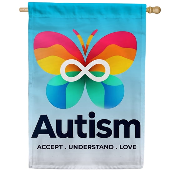 America Forever Autism Acceptance Butterfly House Flag, 28 x 40 inch Double Sided, Awareness Support Banner, Infinity Symbol Decor, Autism Pride Flag