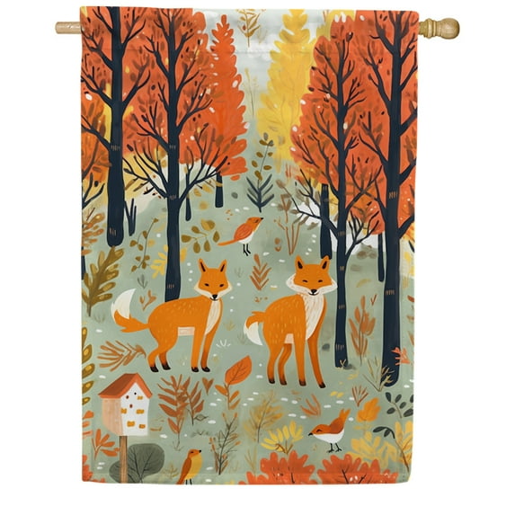 America Forever Autumn Foxes House Flag, 28 x 40 inches Double Sided, Woodland Foxes Forest Flag, Fall Foliage Animals, Outdoor Seasonal Flags for Yard, Lawn, Garden Decor