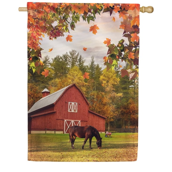 America Forever Barn and Horse House Flag, 28 x 40 inches Double Sided, Farmhouse Red Barn, Autumn Fall Leaves Seasonal Outdoor Flags for Yard, Lawn, and House
