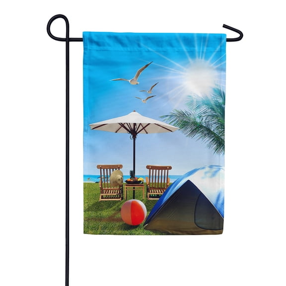 America Forever Beach Life Summer Tropical Garden Flag 12.5 x 18 inches Sunlight Palm Leaves Adriondack Chairs Double Sided Seasonal Yard Outdoor Decorative Nautical Coastal Garden Flag