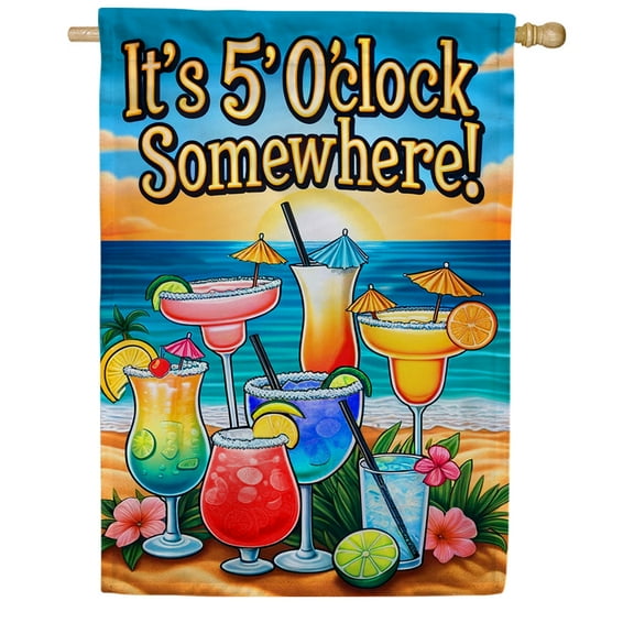 America Forever Beachfront Happy Hour House Flag, 28 x 40 inch Double Sided, Tropical Cocktail Banner, Summer Beach Party Decor, Outdoor Bar Flag