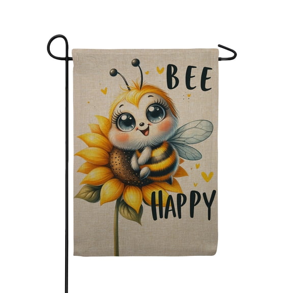 America Forever Bee Happy Fluffy Bee Burlap Garden Flag, 12 x 18 inch Double Sided, Cute Fuzzy Bee Sunflower Banner, Kawaii Bee Happy Motivational Outdoor Decor, Spring Yard Flag