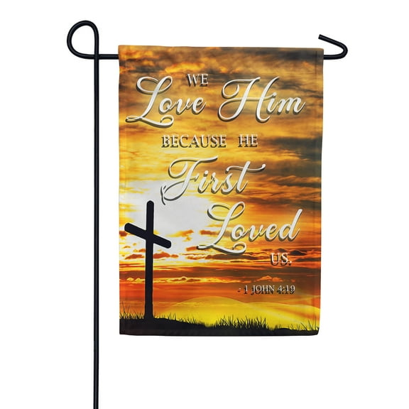 America Forever Bible Verse Garden Flag - 12.5 x 18 inch - 1 John 4:19 We Love Him - Christian Quotes Double Sided Religious Outdoor Yard Decorative Inspirational Faith Flag