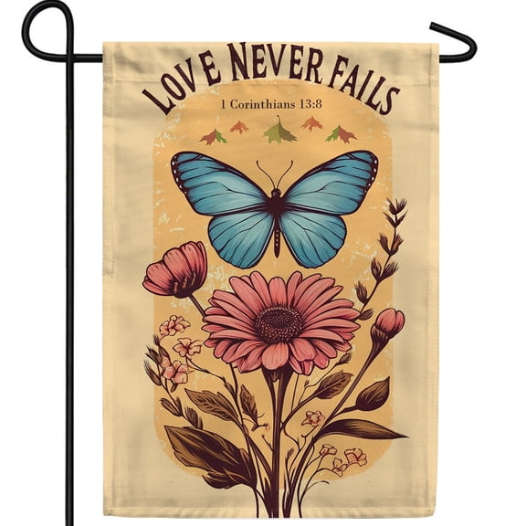 America Forever Bible Verse Garden Flag, 12.5 x 18 inch Double Sided, Love Never Fails,1 Corinthians 13:8, Scripture Bible Verse Outdoor Decor, Holiday Outside Decorations Yard Flag