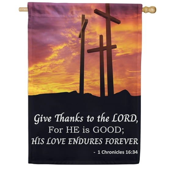 America Forever Give Thanks Lord Double Sided House Flag, 28 x 40 inch, Scripture Crosses Hill Chronicles, Religious Faith Worship Outdoor Decorations Banner