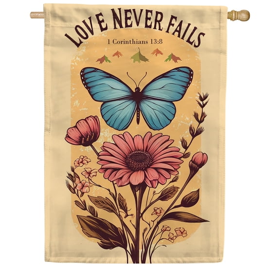America Forever Bible Verse House Flag, 28 x 40 inch Double Sided, Love Never Fails,1 Corinthians 13:8, Scripture Bible Verse Outdoor Decor, Holiday Outside Decorations Yard Flag