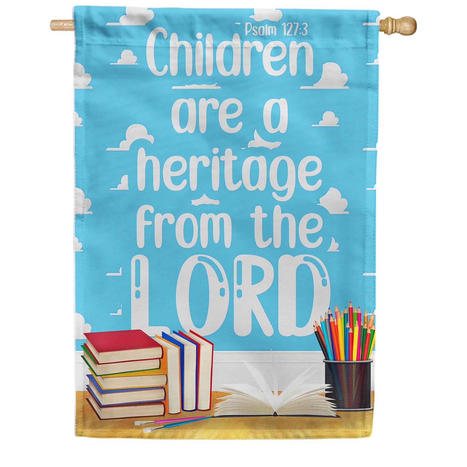 America Forever Children Are Blessing Double Sided House Flag, 28 x 40 inch, Psalm Scripture Books Pencils, Heritage Lord Family Religious Outdoor Banner