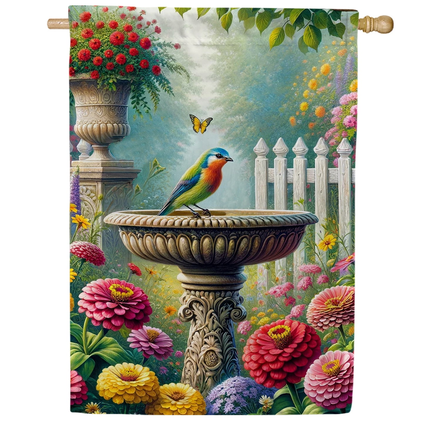America Forever Birdbath Spring House Flag, 28x40 inch Double Sided, Fountain and Colorful Bird, Floral Spring Summer Outdoor Lawn Decor, Large Decorative Yard Flags