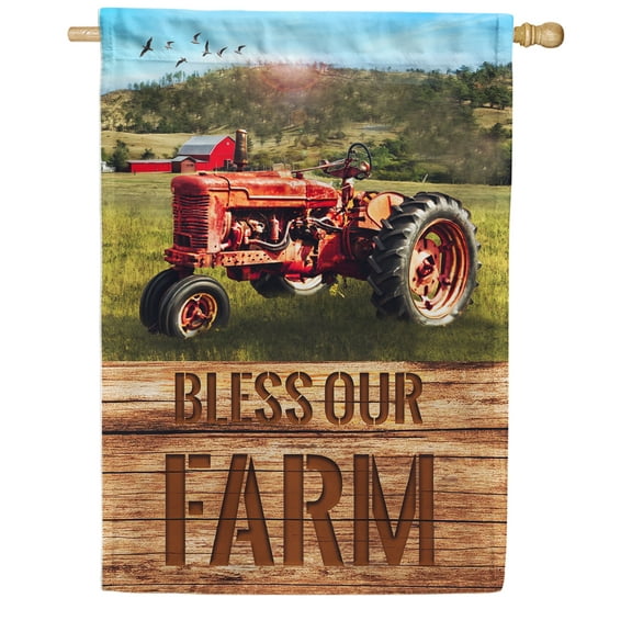 America Forever Bless Our Farm Summer House Flag 28 x 40 inches Red Tractor Farm Family Agriculture Harvest Double Sided Country Life Seasonal Yard Outdoor Decorative Rustic House Flag