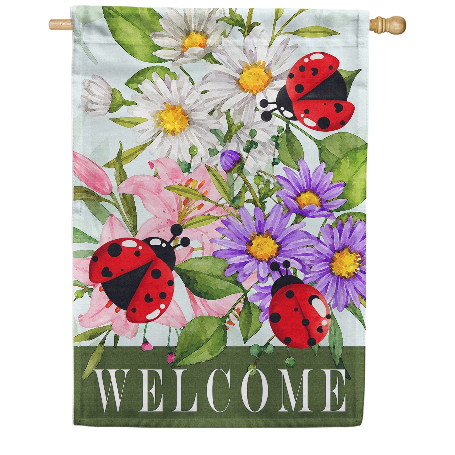 America Forever Blooms Beetles House Flag, 28 x 40 inch Double Sided, Welcome Ladybug Flower Garden, Spring Summer Outdoor Decorative Flag
