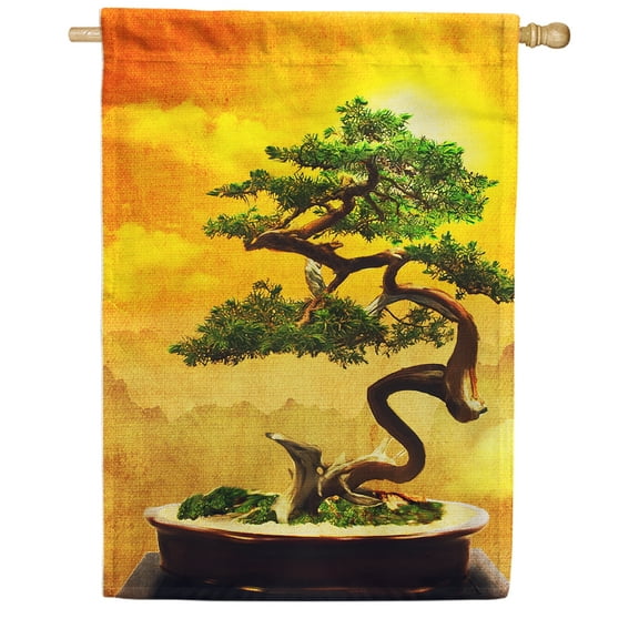 America Forever Bonsai Tree House Flag 28 x 40 inches Japanese Pine Tree at Sunrise Double Sided Seasonal Peaceful Summer Yard Outdoor Decorative Japanese Art House Flag