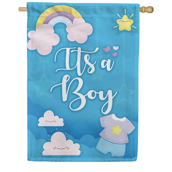 America Forever It's A Boy House Flag, 28 x 40 inch Double Sided, Baby Announcement Flag, Blue Cloud Rainbow Design, Newborn Celebration, Baby Shower Yard Decor