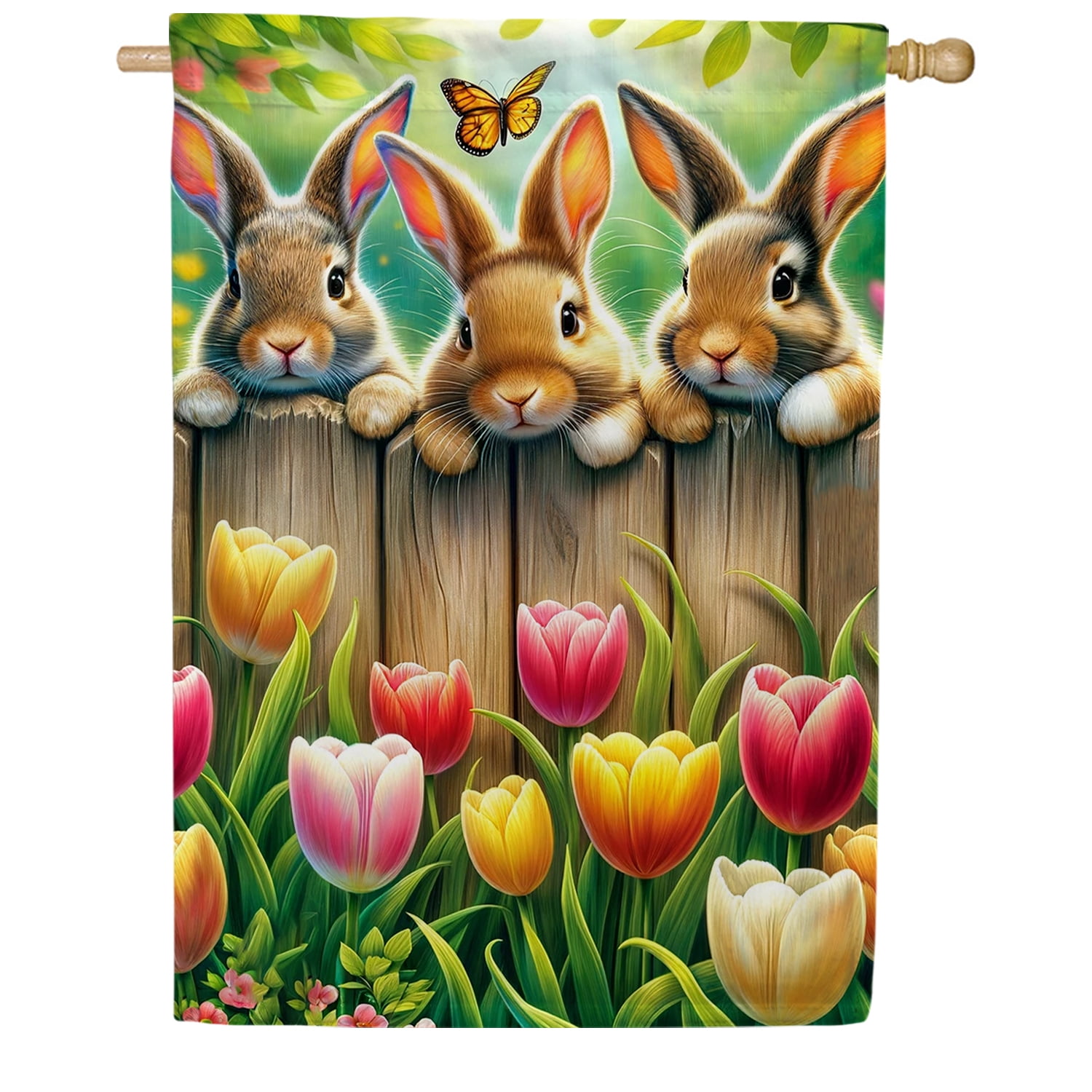 America Forever Bunnies Spring House Flag, 28” x 40” Double Sided, Spring Summer Easter Day Flags, Three Cute Bunnies Tulip Garden and Butterflies, for Outdoor Patio and Home Decoration