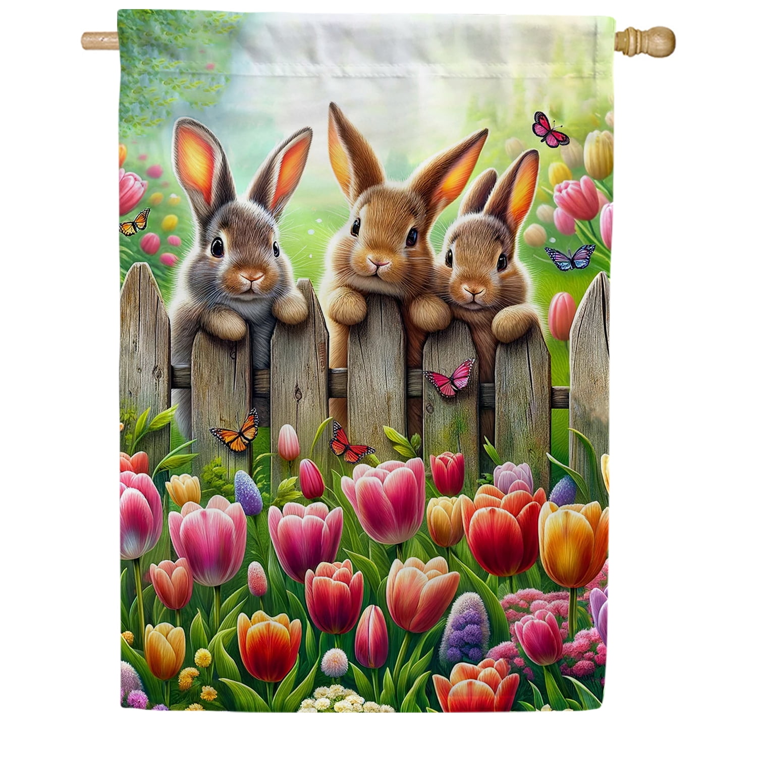 America Forever Bunnies Spring House Flag, 28” x 40” Double Sided, Three Cute Bunnies Tulip Garden and Butterflies, Spring Summer Easter Day Flags for Outdoor Patio and Home Decoration