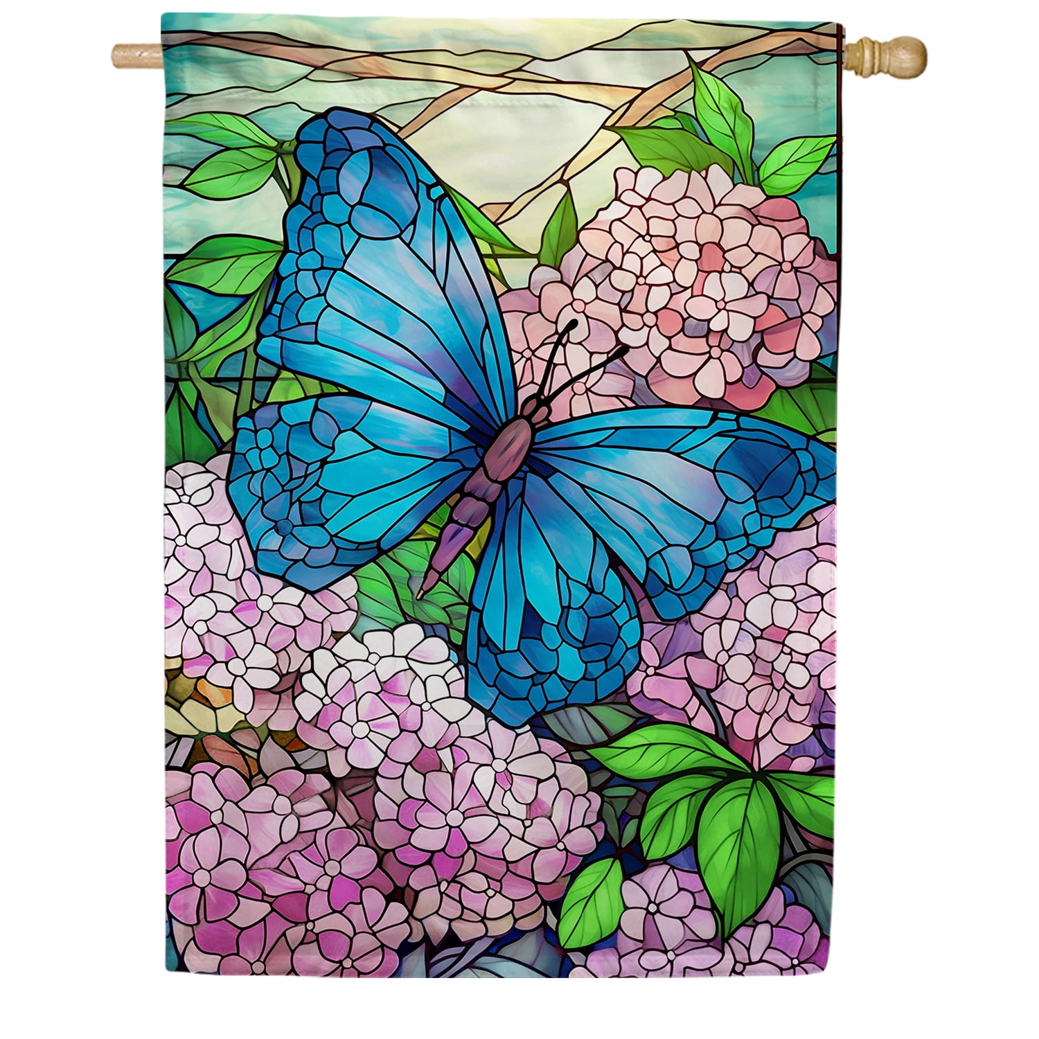 America Forever Butterfly And Lilac House Flag, 28 x 40 inch Double Sided, Stained Glass Blue Butterfly Lilac, Spring Flower Outdoor Decorative Flag