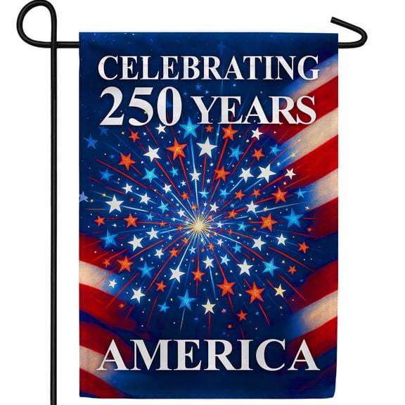 America Forever Celebrating 250 Years America Garden Flag, 12.5 x 18 inch Double Sided, Fireworks American Flag, USA Semiquincentennial, 4th of July Patriotic Celebration
