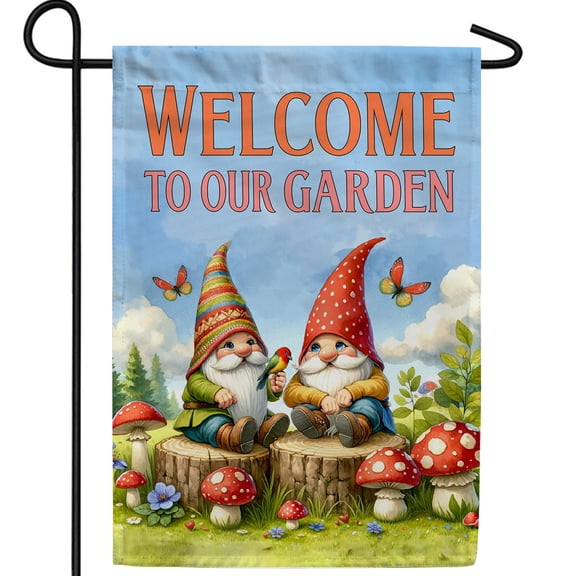 America Forever Cheerful Gnomes Welcome Garden Flag, 12.5 x 18 inch Double Sided, Welcome to Our Garden Gnomes Flags, Gnomes and Mushrooms Whimsical Outdoor Decorations for Yard