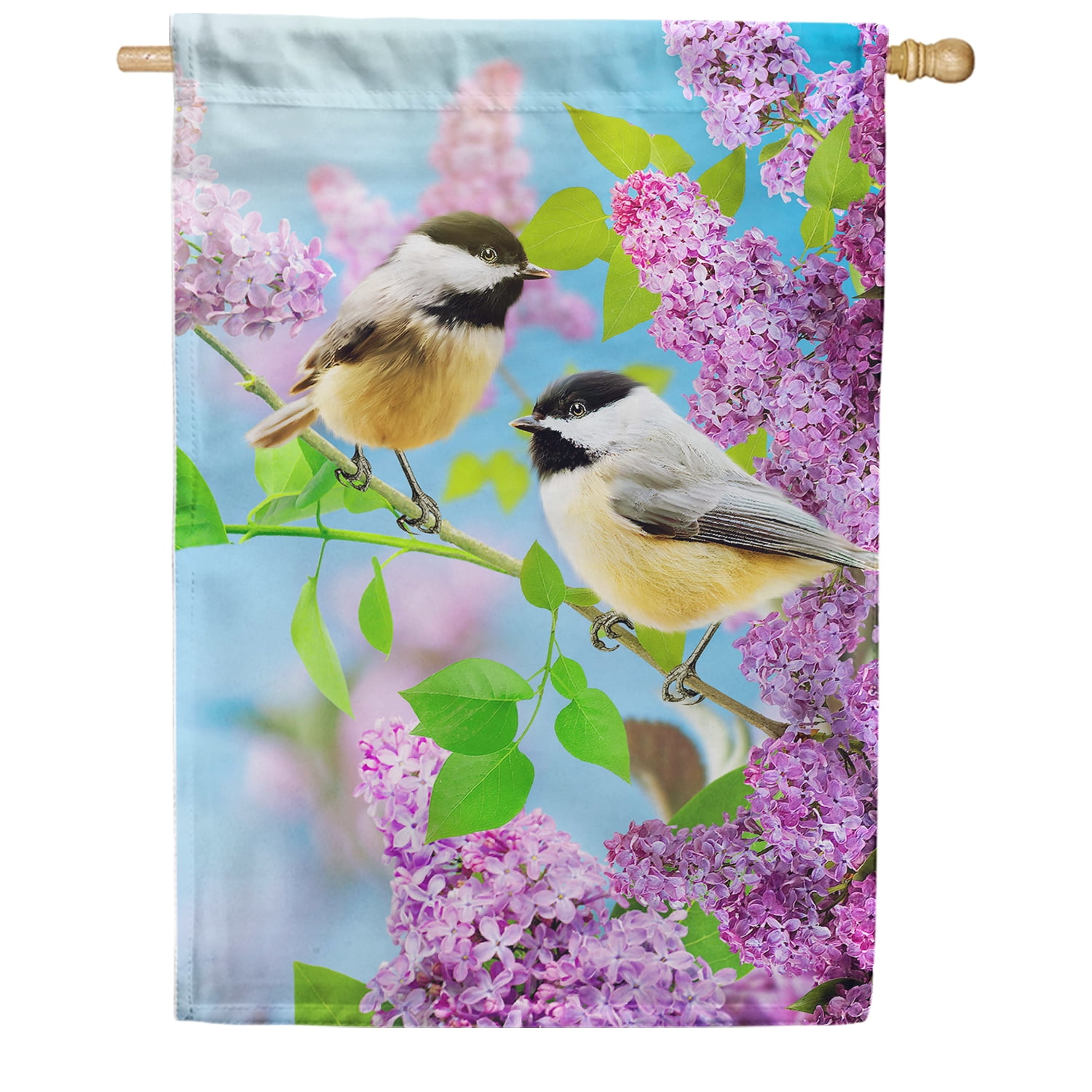 America Forever Chickadees and Lilac House Flag 28 x 40 inch Double Sided Spring Summer Welcome Floral Birds Outdoor Yard Seasonal Decorative Flag