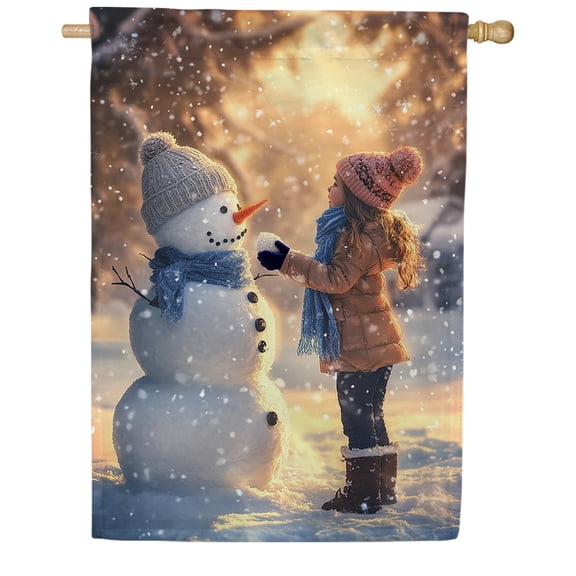 America Forever Child & Snowman House Flag, 28 x 40 inch Double Sided, Winter Childhood Banner, Kid Friendly Snowman Outdoor Decor, Holiday Outside Decorations Yard Flag