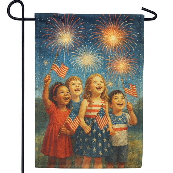 America Forever Children Watching Fireworks Garden Flag, 12.5 x 18 inch Double Sided, Kids with American Flags, 4th of July Independence Day Decor, Patriotic Summer Flag